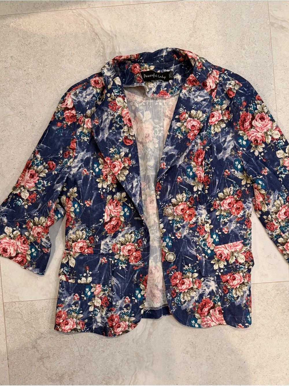 Desigual Navy Floral Blazer with Pink Rose Print